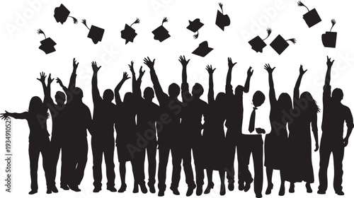 Group of Happy Graduates Cheering and Throwing Caps in the Air, Celebrating Academic Achievement and Success after Commencement Ceremony, Black Silhouette Vector.