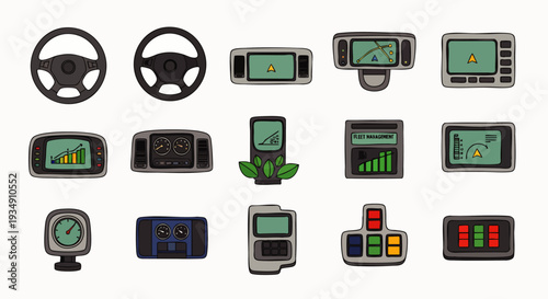 Car Dashboard Instruments and Navigation Devices Icons Set. Steering Wheel, GPS, Speedometer, Control Panels, and Gadgets.