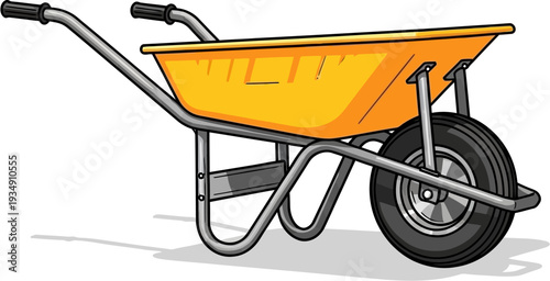 A bright yellow wheelbarrow with a single wheel and grey metal frame, ready for gardening or construction work.