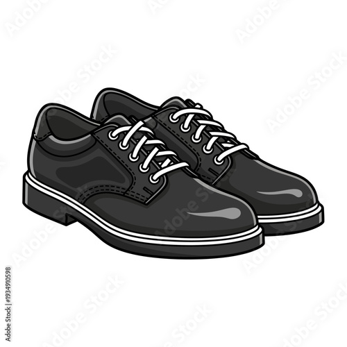 A pair of classic black leather shoes with white laces and white sole accents, depicted in a cartoon style.