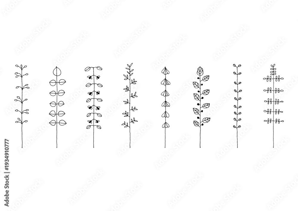 Fototapeta premium マメやカタバミ等の植物をイメージした手描きの線画イラストセット2（黒）