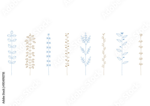 マメやカタバミ等の植物をイメージした手描きの線画イラストセット1（青と茶色）