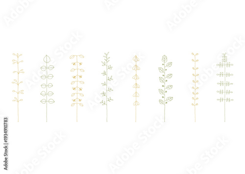 マメやカタバミ等の植物をイメージした手描きの線画イラストセット2（黄色と緑）