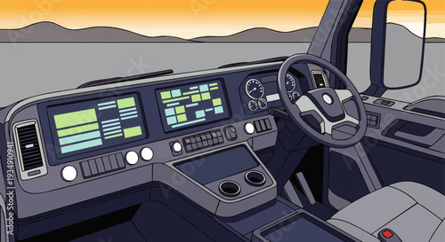 Modern Truck Cabin Interior with Advanced Digital Dashboard and Steering Wheel. Futuristic Transportation Technology for Long-Haul Driving and Logistics.