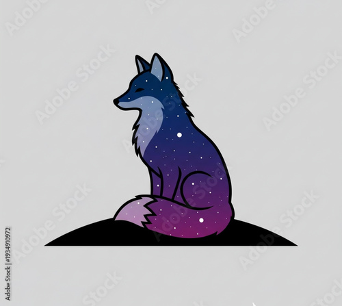 A stylized wolf with a starry night sky design sits on a hill, viewed from the side.