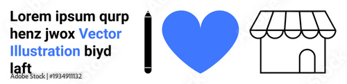 Business branding, creativity, passion, local stores, commerce, entrepreneurship. Pencil, heart and shop icons arranged in sequence. Business branding and creativity visually