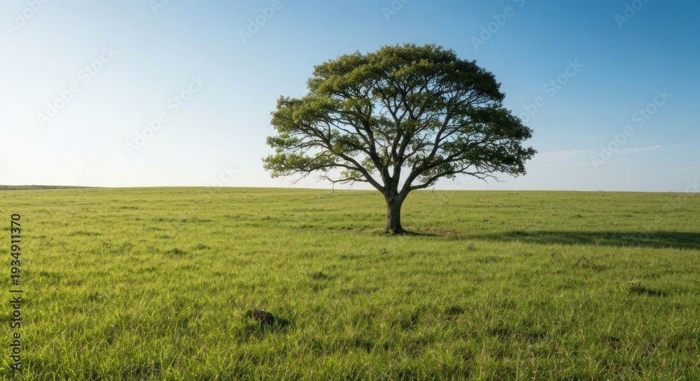 Fototapeta premium A solitary tree stands in a vast green field under a clear blue sky