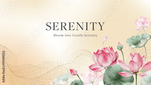 Floral banner featuring watercolor-style pink lotus flowers, green lily pads, gold stardust and flowing golden lines on a soft brown gradient background