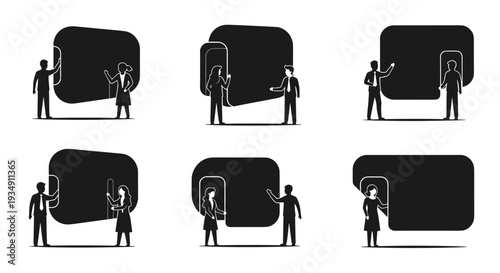 Business people interacting with large blank speech bubbles.