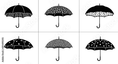 Collection of Six Stylized Umbrellas with Decorative Patterns.