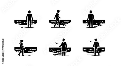 Collection of six simple black and white pictogram illustrations of people enjoying outdoor activities by the water.
