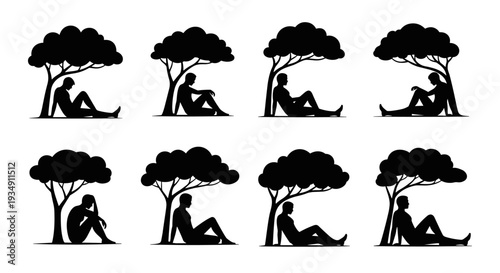 Silhouettes of people resting under trees in various poses.