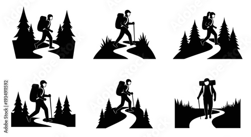 Silhouettes of hikers on winding paths through forests, depicting adventure and exploration.