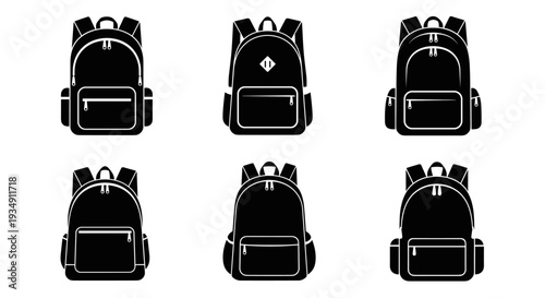 Set of six black backpack icons on a white background.