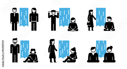 Minimalist stick figures depicting various human interactions and contemplative poses.