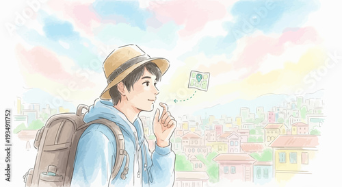 Young man with backpack and hat looking at map, planning a journey in a colorful city