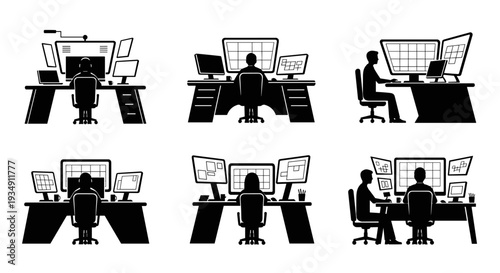 Silhouettes of people working at multiple computer monitors.