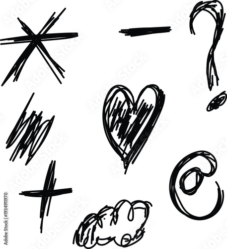Hand drawn scribble icon set featuring grunge symbols in punk aesthetic.