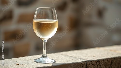 corretto. A clear glass of white wine on a stone ledge with condensation. bar promotions, beverage menus, designed for food & beverage menus and cafe branding, enhances appetite appeal.