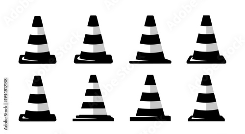 Black and white striped traffic cones set for road safety and construction zones.