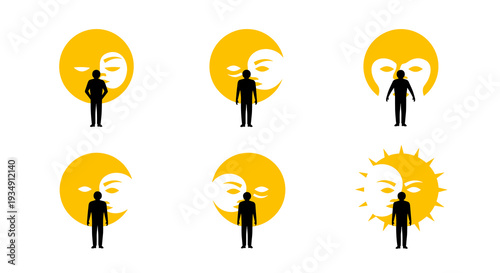 Collection of human silhouettes standing before various sun and moon designs.