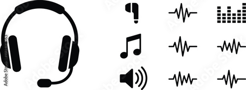 Black headphone silhouette with microphone, music note, volume speaker, and sound wave frequency icon collection, cad drawing flat vector illustration isolated on white background