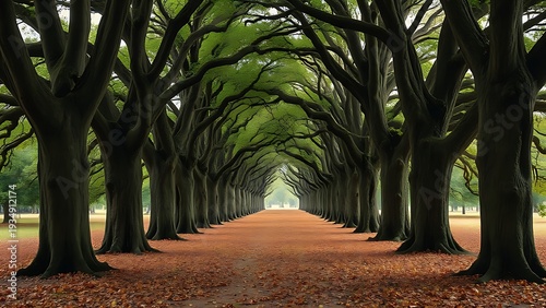 accuser. Avenue of ancient oak trees with a carpet of fallen leaves, dappled sunlight filtering through the canopy. travel magazines, destination branding, designed for travel destination branding.