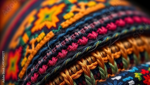 deontology. Colorful traditional Andean knitted hat with intricate geometric patterns. event programs, museum guides, designed for cultural heritage projects and event programs, preserves heritage.
