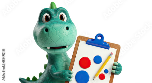 Friendly Cartoon Dinosaur Holding a Clipboard with Shapes