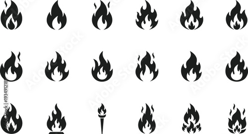 Collection of various black fire flame silhouettes and burning torch icons isolated on white background, cad drawing flat vector illustration for graphic design
