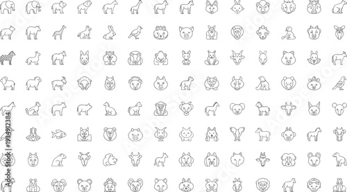 Set of minimal line art animal icons including elephant, lion, giraffe, cat, dog, bird, farm animals, wildlife, and pets for vector illustration web design