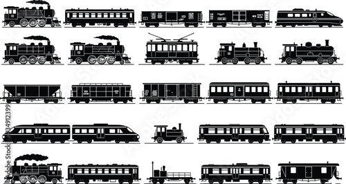 Set of vintage steam locomotive silhouettes, modern high speed train icons, railway freight wagons, and passenger carriages for transport vector illustration design elements