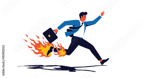 Businessman running fast with burning briefcase