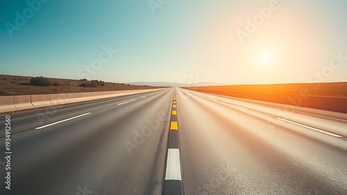 retroreflective. A wide highway with a prominent yellow double solid line extending to the horizon. mobility guides, transit brochures, designed for transport & logistics marketing.