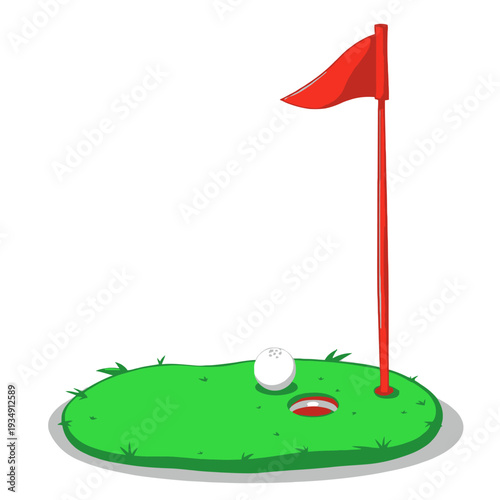 Cartoon illustration of a golf putting green with a hole, a white ball, and a red flag on a pole, ready for play.
