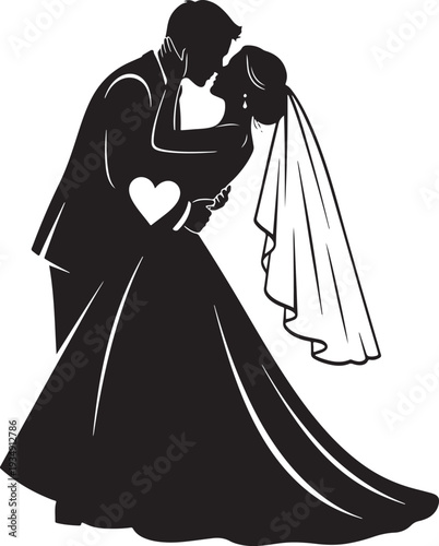 Romantic Wedding Couple Kissing Silhouette with Heart Design Vector Illustration for Love, Marriage, and Bridal Concepts