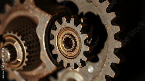 susceptibility. A rusted mechanical gear assembly with one jammed gear, metallic textures, industrial aesthetic. safety posters.