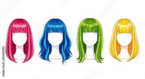 Vibrant hair wigs in pink, blue, green, and yellow