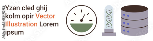 Data analysis, biotechnology, research tools, database storage, information systems, science. Circular gauge, DNA helix in a vial and database ion. Data analysis and biotechnology focus