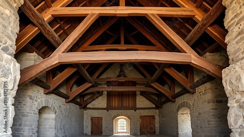 neutrino. Old barn interior with massive wooden beams and stone walls, rustic atmosphere. real-estate listings, architecture portfolios, designed for interior renovation comparisons for interiors.