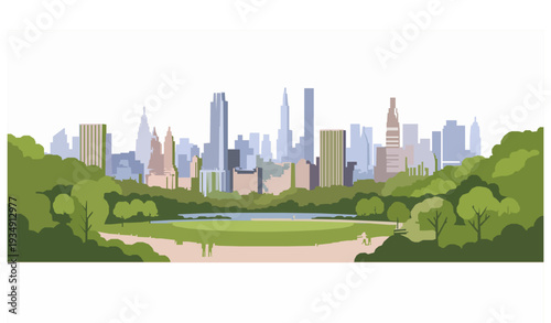 Central Park and New York City Skyline Flat Vector Landscape Illustration