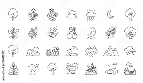 Minimal Cartoon Nature Outline Icon Set with Trees Flowers Clouds Weather and Landscape Elements