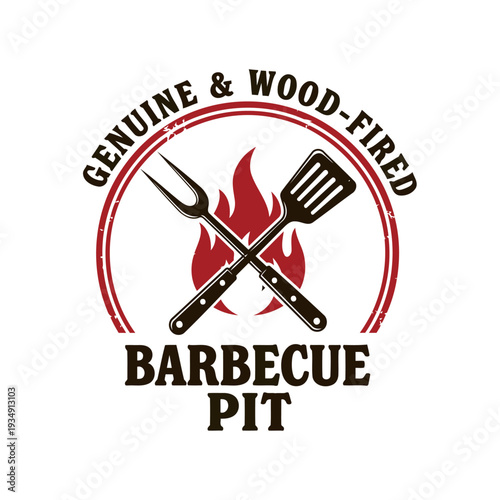 Genuine Wood-Fired Barbecue Pit logo with flames, crossed fork And spatula grill emblem.