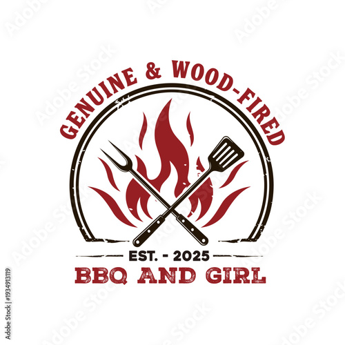 Genuine Wood-Fired BBQ logo with flames, grill tools and retro rustic badge design.
