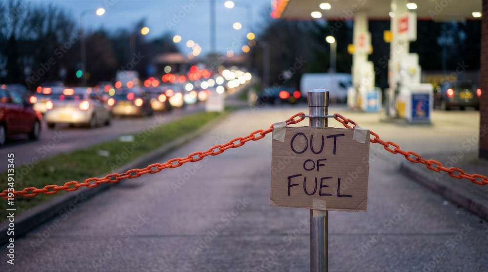 custom made wallpaper toronto digitalOut of fuel sign and chain blocking a gas station entrance during a fuel shortage, with traffic in the background at dusk