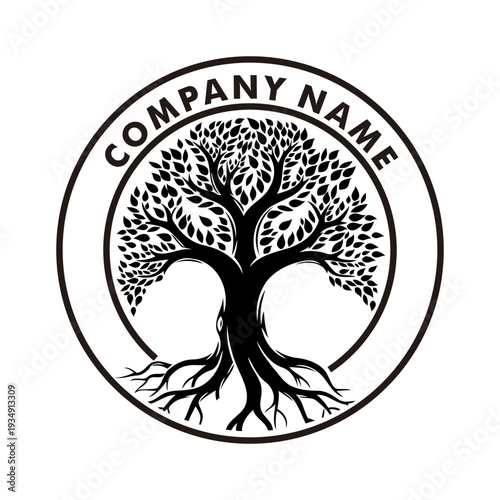 Company logo emblem with stylized tree, roots and circle badge for nature and branding.