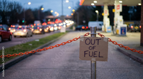 Wallpaper Mural Out of fuel sign and chain blocking a gas station entrance during a fuel shortage, with traffic in the background at dusk Torontodigital.ca