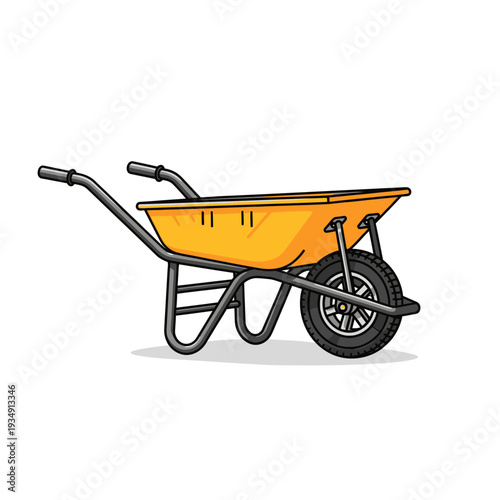 A bright yellow wheelbarrow with a black frame and single wheel, used for gardening or construction.