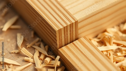 tenon. Macro shot of a traditional woodworking joint, a mortise and tenon nestled in wood shavings. event key visuals, club posters, designed for sports event promotions and stadium branding.