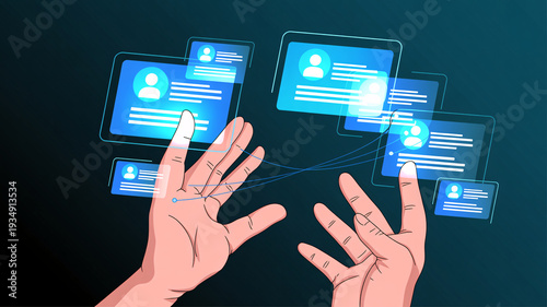 Hands interacting with multiple glowing digital user profiles and data cards.